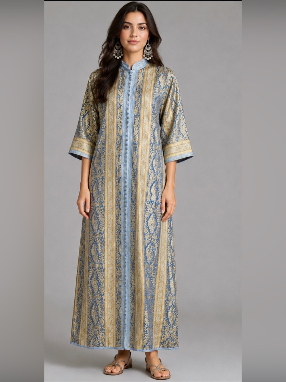 Vintage Moroccan Brocade Caftan Dress Blue Gold Metallic Paisley Kaftan Robe